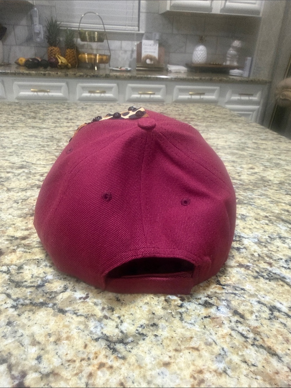 Women's Burgundy Embellished Baseball Cap with Leopard Accent - Picture 3 of 6